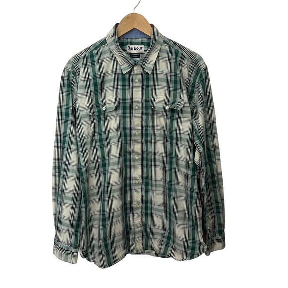 Barbour Button Up Shirt Mens Large Green Plaid Regular Fit Long Sleeve Pockets‎ - Picture 1 of 10